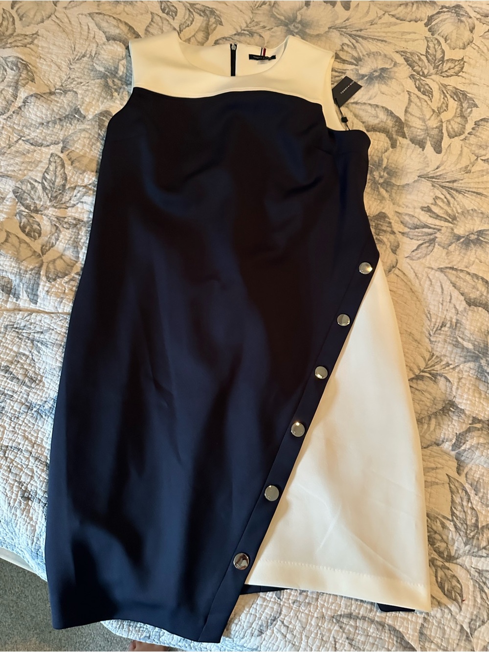 Tommy Hilfiger Navy and White Sleeveless Asymmetric Button-Trim Pencil Dress